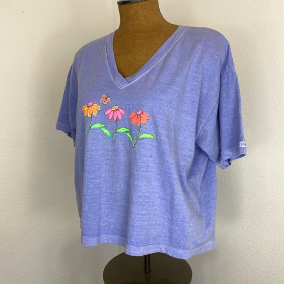 Fresh Produce Boxy Loose Crop Tee OS Floral Butterfly Appliqué 90's Classic Top - Picture 2 of 9